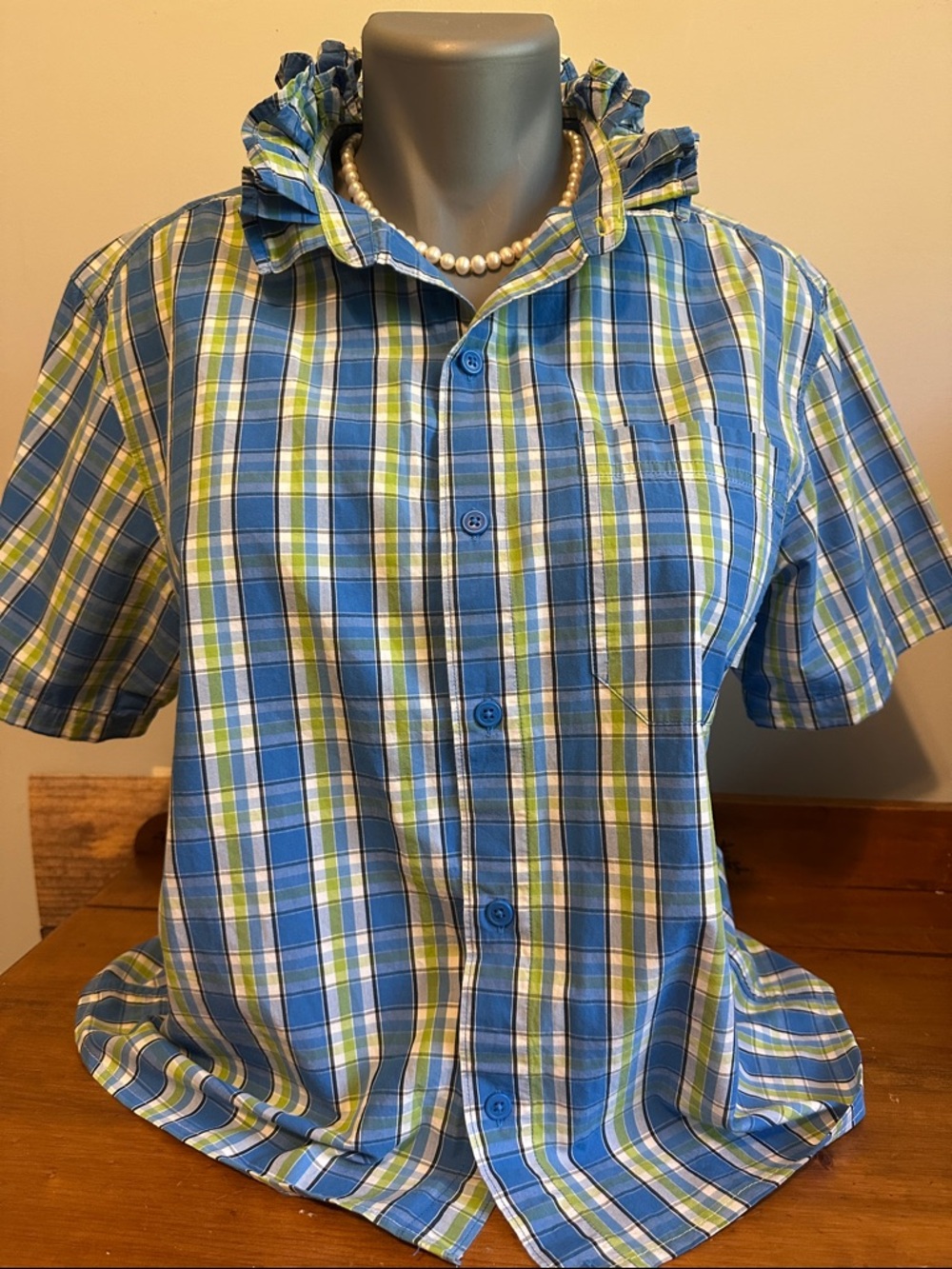 Columbia Blue and Green Plaid Short-Sleeve ruffled collar